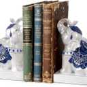 Elephant Bookends for Shelves, Decorative Bookends, Book Holders with Anti-Slip Pad for Book Lovers Heavy Book Stopper for Home Office Decor (Blue&White)