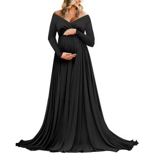Saslax Maternity Off Shoulders Half Circle Gown for Baby Shower Photo Props Dress (XX-Large, N-black 11)