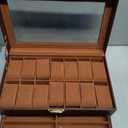 Watch Case Box for Men 14 Slots Watch Display Organizer with 6-Compartment Eyeglasses Storage, Real Glass Lid 2-Layer PU Leather Collection Holder Gift for Loved Ones Brown
