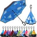 LLanxiry Umbrella,Inverted Reverse Upside Down Umbrellas with C-Shaped Handle, Anti-UV Waterproof Rain Umbrella for Women and Men (high clouds)