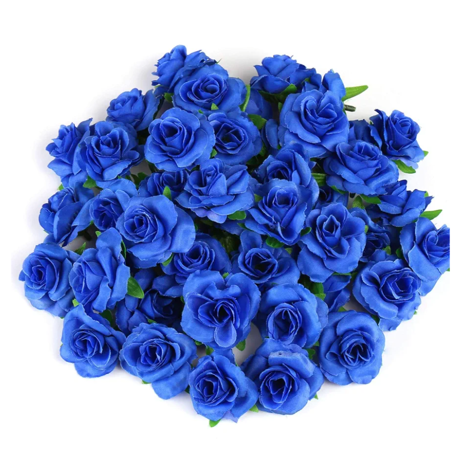 Kesoto 50pcs Royal Blue Roses Artificial Flowers Bulk, 1.6" Small Silk Fake Roses Flower Heads for Decoration, Crafts, Wedding Centerpieces Bridal Shower Party Home Decor