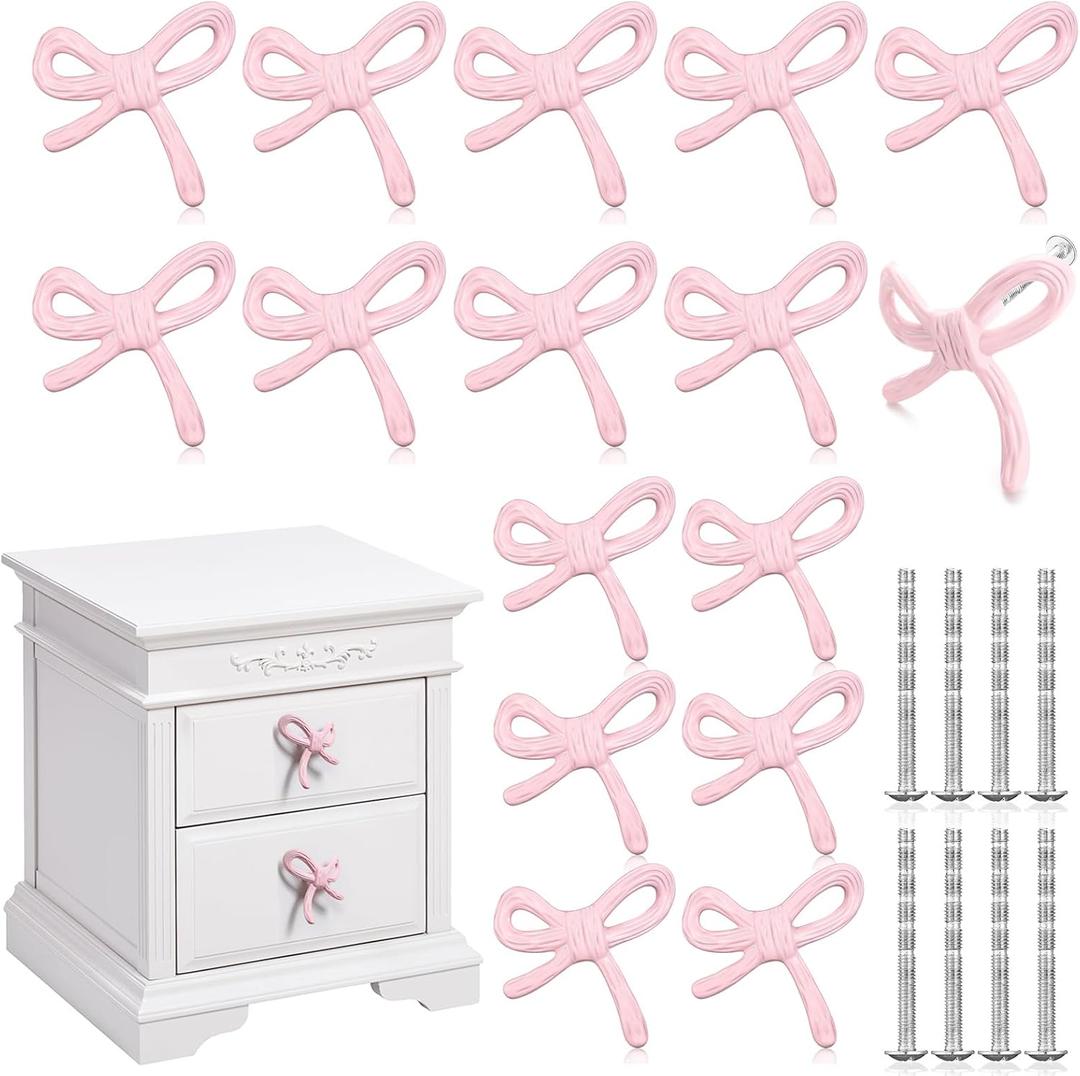 Pink Bow Drawer Knobs Matel Bow Knobs for Dresser Coquette Room Decor Vintage Dresser Handles Cabinet Drawer Pulls for Home Bedroom Kitchen Hardware Cupboard(16 Pcs,Pink,Classic Style)
