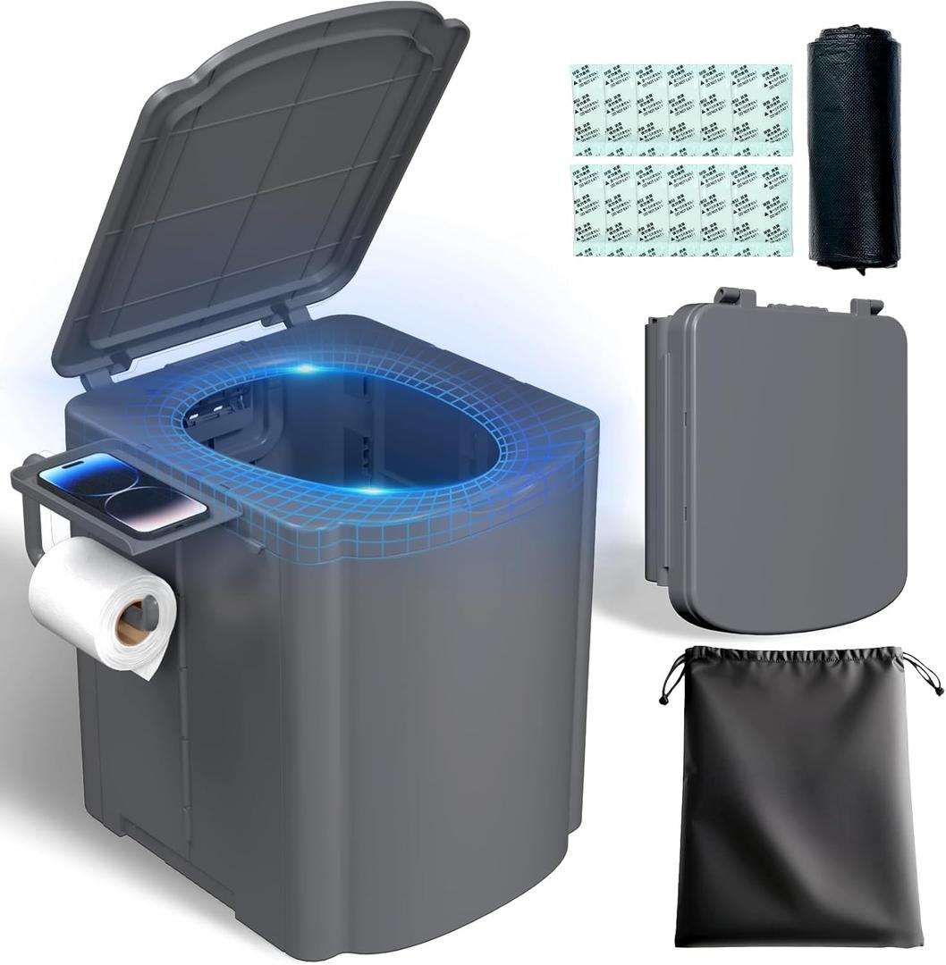 Portable Camping Toilet Kit for Adults, Upgrade Travel Potty Seat with Lid Removable Paper Holder and Absorbent Gel, for Camping, Hiking, Truck, RV Toilet, Grey