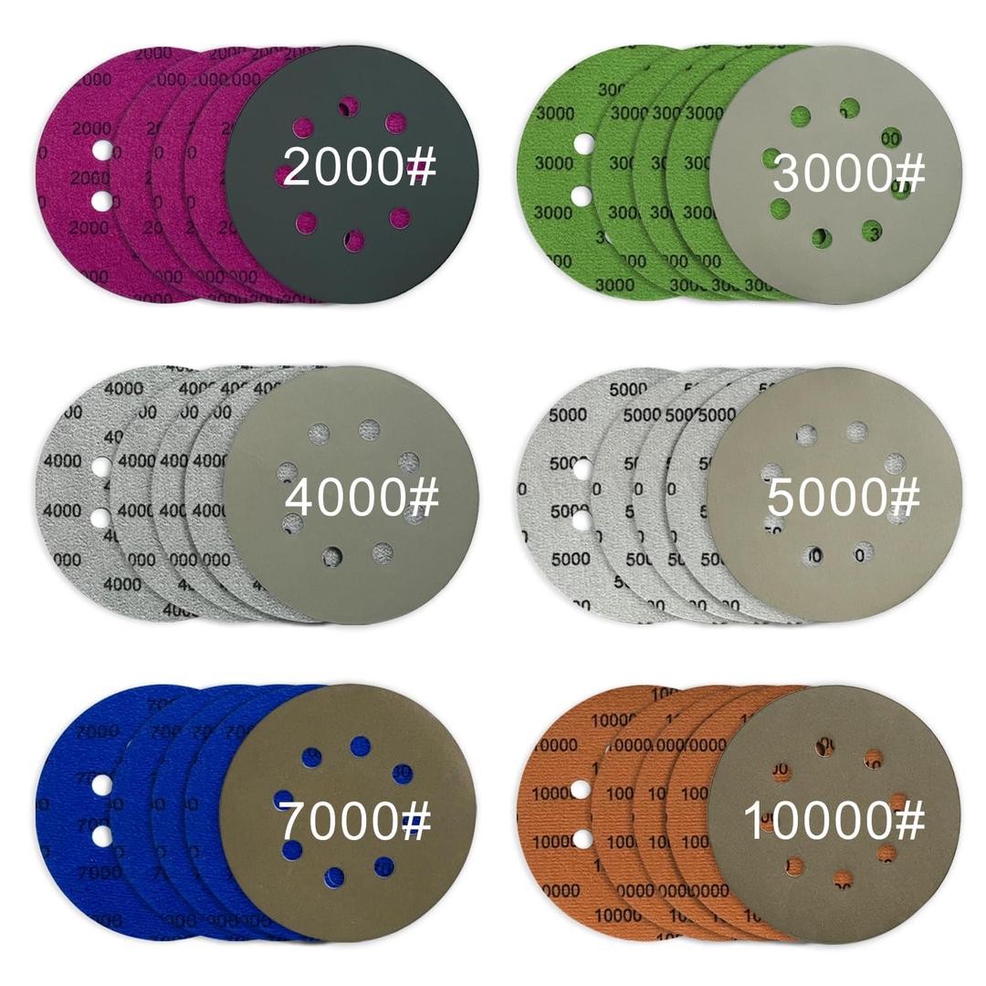 5 Inch 8 Holes Sanding Discs Hook and Loop, 30Pcs Wet Dry Sandpaper, 2000 3000 4000 5000 7000 10000 Grit Sandpaper, Round High Grit Sand Paper for Orbital Sander