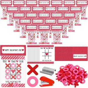 2 x 24 Sets Valentines Cards Valentines Day Tic Tac Toe Game Cards with Stapler Felt Tic Tac Toe Bags for Valentines Day Decorations Wedding Anniversary Party Gifts