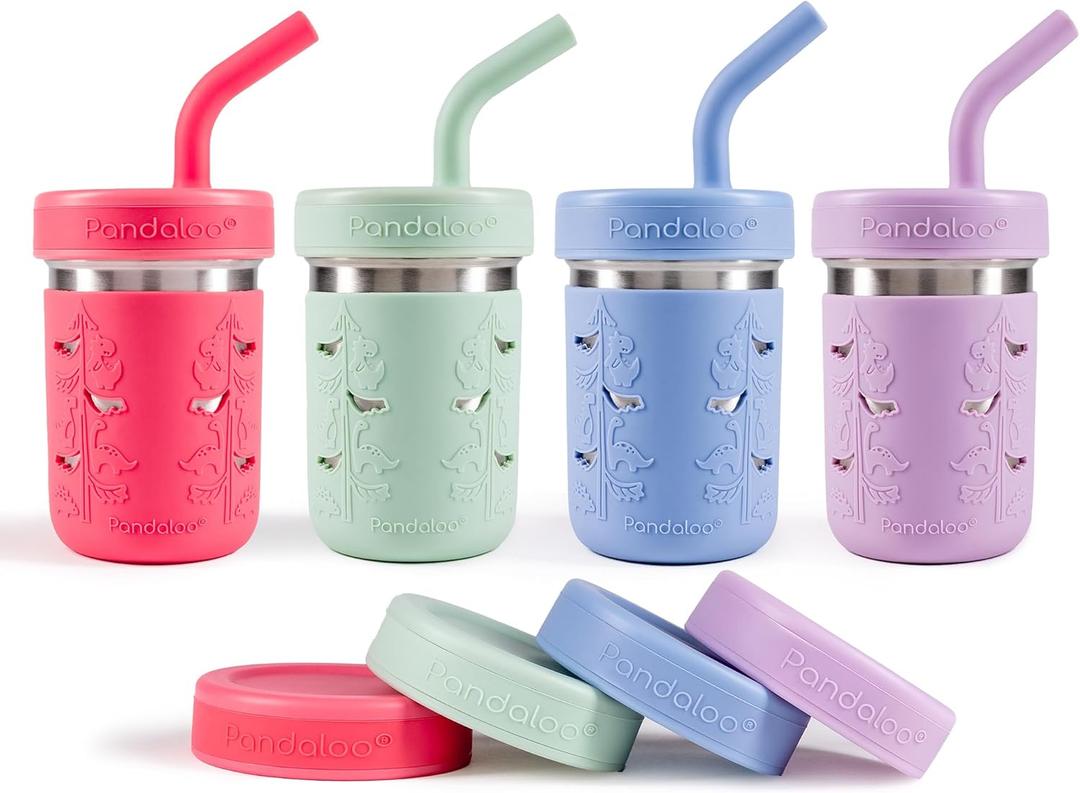 Pandaloo Smoothie Cups for Kids - Stainless Steel Toddler Tumbler with Straw, Sippy Cup for Smoothies - BPA-Free, Toddler Snack Cups, 10 oz (Pack of 4, Bubblegum Pink/Sweet Sage/Baby Blue/lilac Rhapsody)