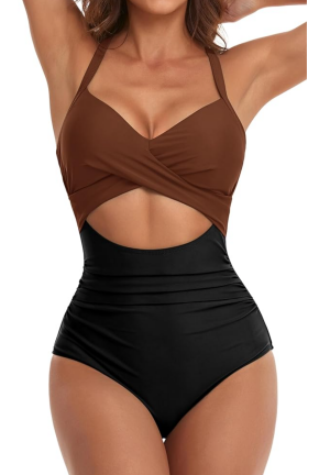 Eomenie Women's One Piece Swimsuits Tummy Control Cutout High Waisted Bathing Suit Wrap Tie Back 1 Piece Swimsuit (XL)