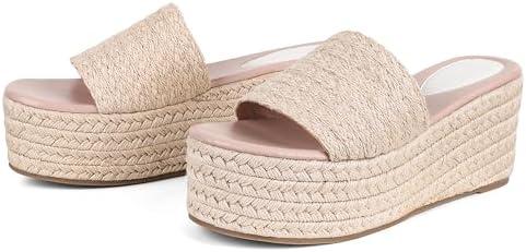 Erocalli Platform Wedge Sandals Espadrille Slide Sandals Slip On High Heel Espadrille Flatform Mules for Women Casual Jute Beach Straw Raffia Sandals size 7