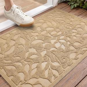 Beige Leaves Ivy Scroll Outdoor Indoor Entrance Door mat, Durable Absorbent Mud Scraper Mat for Front Door, Thick Natural Rubber Back, Easy Clean Entryway Welcome Mat 23x35 Inch, Low Profile, 1'11" x 2'11"