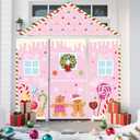 AIBIIN 4 Pcs Pink Christmas Gingerbread Door Decorations Xmas Gingerbread House Candy Door Covers Backdrop Christmas Hanging Banner Porch Sign for Holiday Classroom Office Home Party Decor