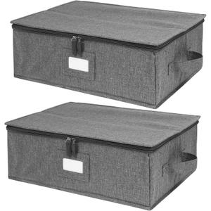 China Storage Containers Hard Shell 2 Pack, Platter Storage Case 17" x 13" x 6", 5 Felt Dividers Included, Structured Top and Stackable (Linen Grey)