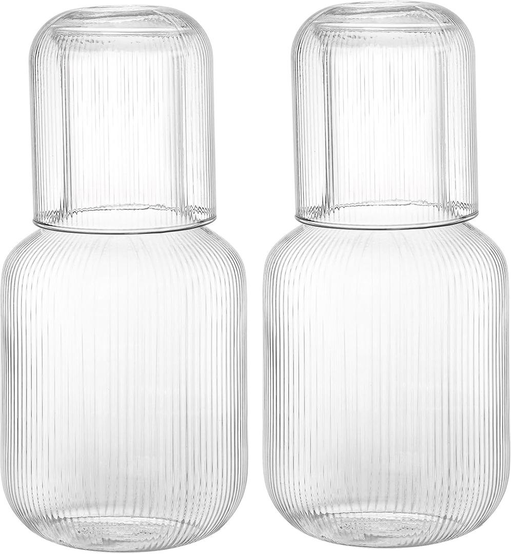 Bekith 2 Set 25 OZ Bedside Night Water Carafe with Tumbler Glass, Vertical Stripes Clear Glass Carafe for Bedroom Guest Room Nightstand, Mouthwash Decanter for Bathroom, Water Pitcher Set (4-Piece)