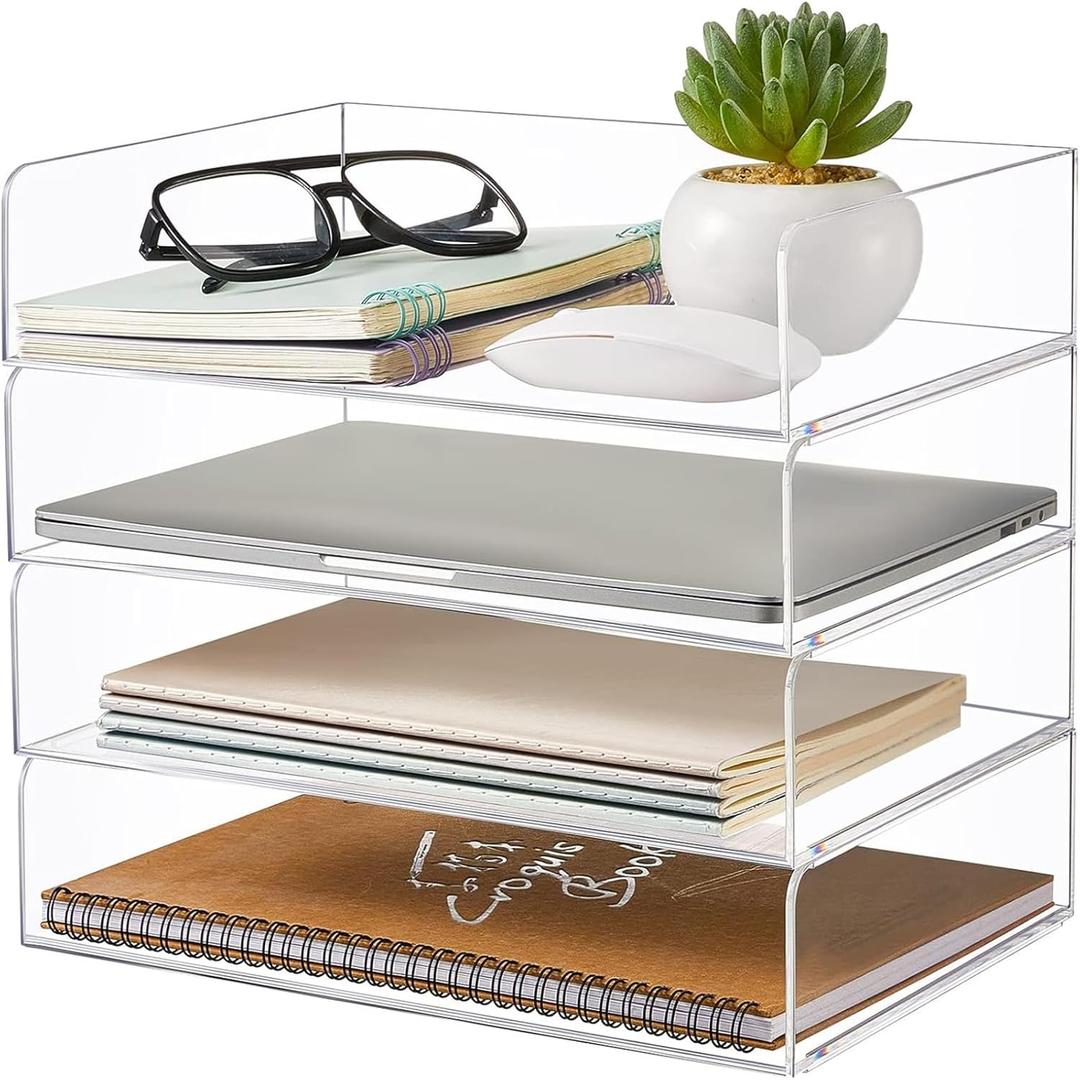 Harloon 4 Tier Acrylic Paper Tray 12.4 x 8.7 x 2.7 Inches Stackable Letter Clear Organizer No Need to Assemble Acrylic Paper Organizer File Tray for Office Workspace Desktop Storage(Transparent)
