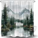Green Misty Forest Shower Curtain Mountain Foggy Pine Trees Landscape Watercolor Jungle Plant Rustic Nature Scenery Lake Fabric Bathroom Curtain Set with Hook (70"W x 70"L (Pack of 1))