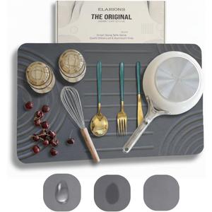 Large Diatomaceous Earth Stone Dish Drying Mat - 24" x 16" Quick Dry Non-Slip Food Grade Fast Absorbent Quartz-Enhanced Rapid Water Absorbing Countertop Mat For Dish Rack