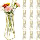 12 PCS Golden Geometric Vase for Centerpieces, Glass Tube with Metal Stand, Modern Wedding Table Decoration, Hydroponic Flower Holder Plant Pot for Home Office Party Decor