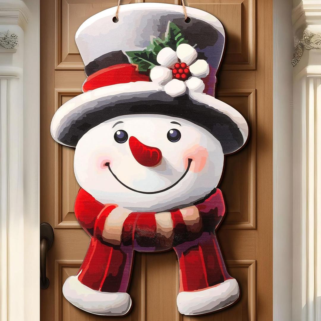 Vicenpal Winter Snowman Wooden Hanging Sign Farmhouse Rustic Christmas Door Welcome Wreath Decoration for Xmas Party Indoor Outdoor Home Wall Window Front Door Decor(Lovely Style)