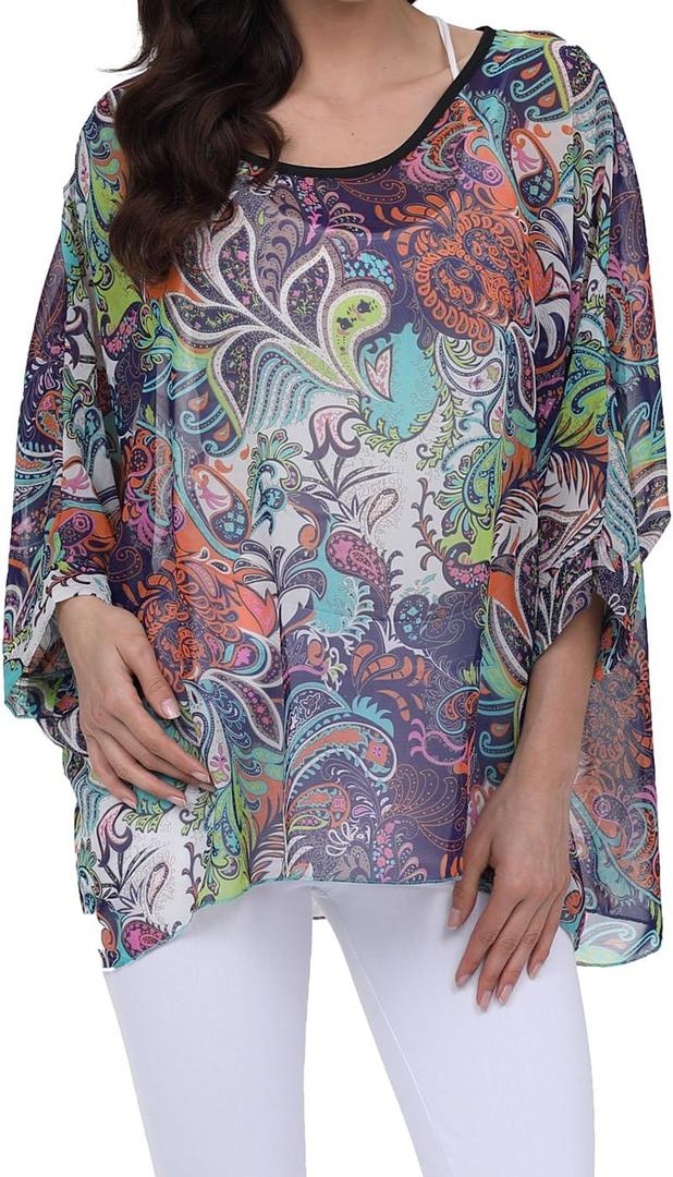 Rokou Womens Floral Chiffon Blouse Loose Batwing Bohemian Semi Sheer Tops (X-Large, Color26)