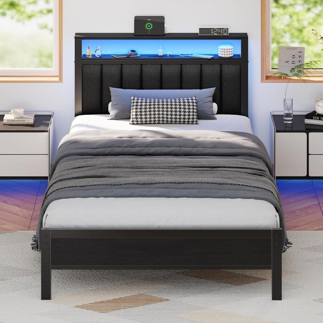 Furnulem Twin Size Bed Frame with Charging Station and LED Lights, Platform Bed with Metal Slats, Grey Upholstered Headboard with 2-Tier Storage Shelves, No Box Spring Needed (Black Oak)