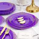 Realluck 350 PCS Purple and Gold Plastic Plates, Plastic Dinnerware Set for 50 Guests, 100 Disposable Plates, 150 Silverwares, 50 Cups, 50 Napkins for Party, Wedding, Graduation