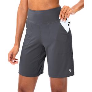 SANTINY Women's Athletic Bermuda Shorts High-Waisted Long Shorts for Women Running Yoga Lounge with Pockets (Gray, XL)