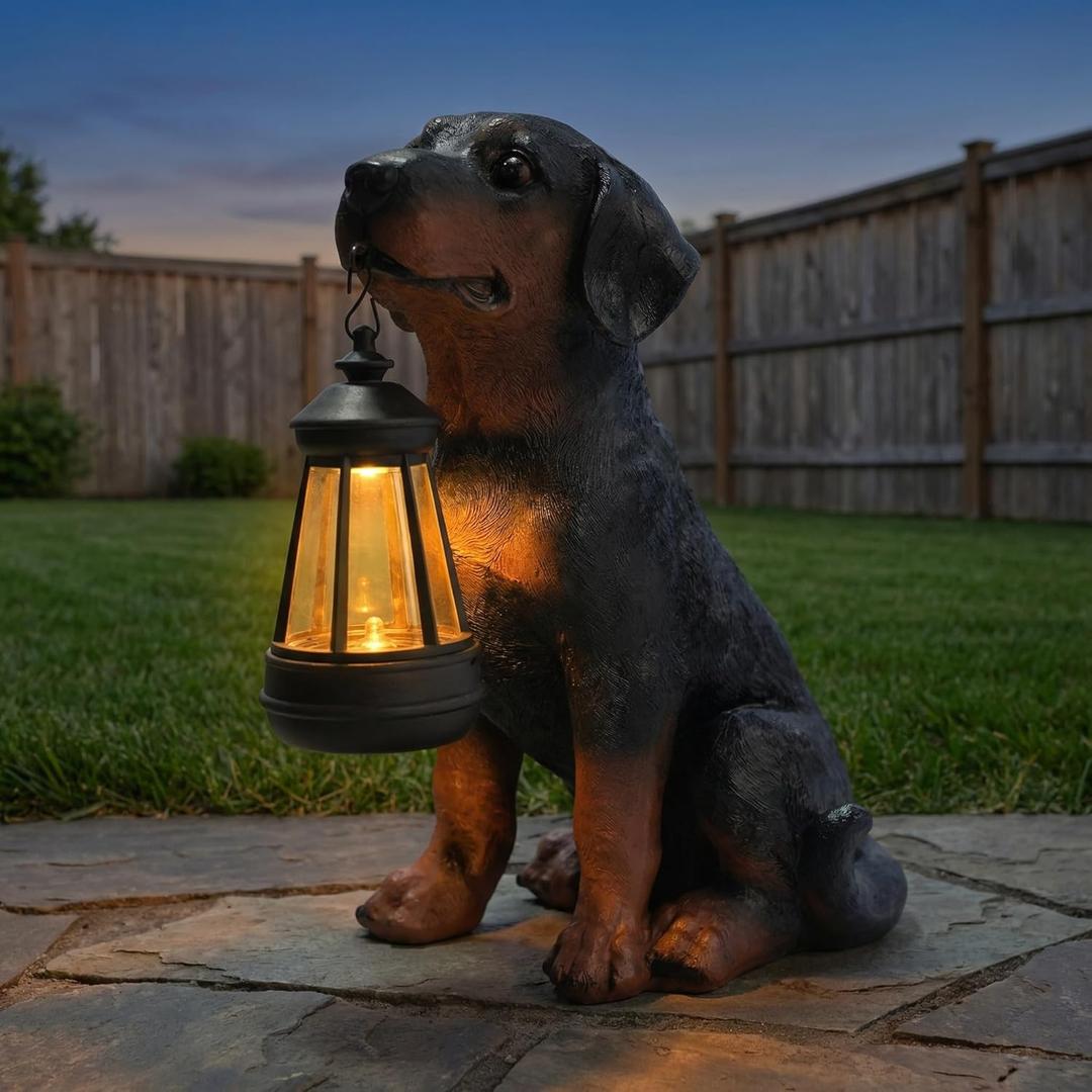 Dog Statue with Solar Lantern - Outdoor Statue Home Decor for Garden Backyard Porch Patio, 10.5 IN Puppy Lamps Figurine Lights Decorations Gift for Birthday, Valentine's Day, Dog Lovers (Aeruginous)