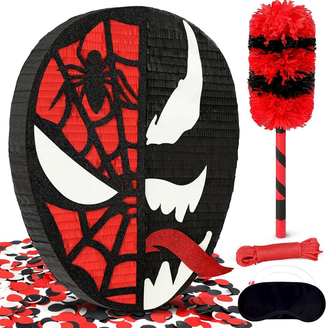 Spider Piata, Funny Venom Tongue Shape Pinata for Boy's Birthday Celebration Decoration Supplies, Includes 24" Bat Stick, Eye Mask, Rope