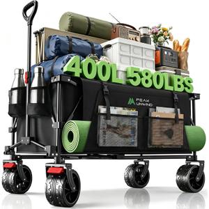 400L Folding Wagon Cart with Brakes & Removable Table, 580lbs Heavy Duty Collapsible Wagon, Big All-Terrain Wheels for Camping, Sports, Grocery, Outdoor - Black