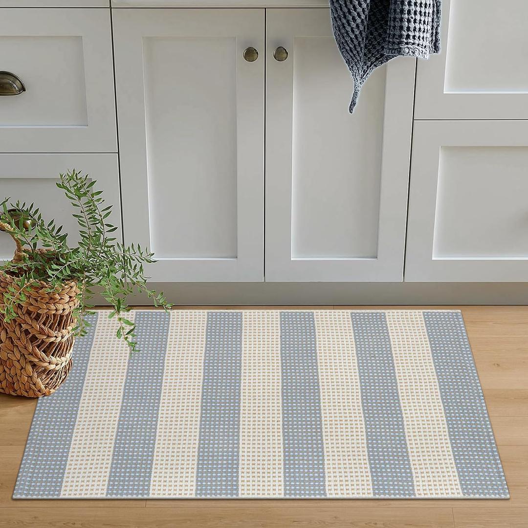 OJIA Front Door Mats Outdoor 24"x36" Machine Washable Indoor Outdoor Rugs Doormat Cotton Woven Entry Rug Striped Small Area Rugs for Front Porch/Bathroom/Farmhouse/Home Entrance (Blue/White/Tan)
