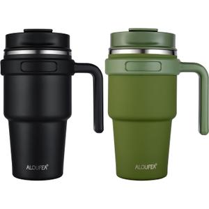 ALOUFEA 20 oz Insulated Coffee Mug Tumbler with Handle, Stainless Steel Travel Mug Tumbler with Lid and Straw,Double Wall Vacuum Leak Proof Ice Coffee Thermal Cup, Black and Army Green