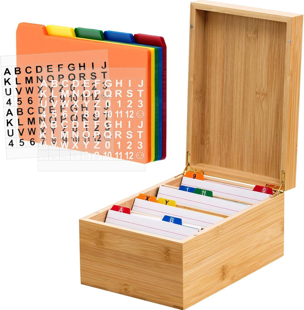 Henoyso 4 x 6 Inches Index Card Holder Set, Bamboo Recipe Box Organizer Index Cards Organizer, 50 Pcs Dividers 2 Sheets Alphabet Number Stickers File Note Holders for Office Business Home Kitchen (Wooden Color)