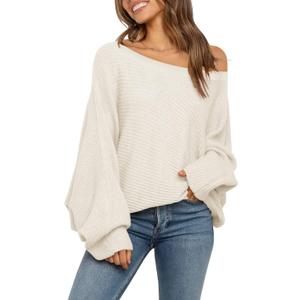 Mafulus Women's Oversized Crewneck Sweater Batwing Puff Long Sleeve Cable Slouchy Pullover Jumper Tops (Large, 2-off Shoulde Beige)
