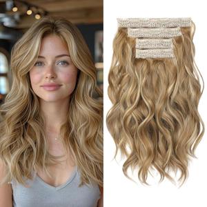 REECHO Hair Extensions, 4PCS Clip in Hair Extensions 14" Short Beach Wavy Invisible Lace Weft Natural Soft Hairpieces for Women  Honey Blonde with Highlights