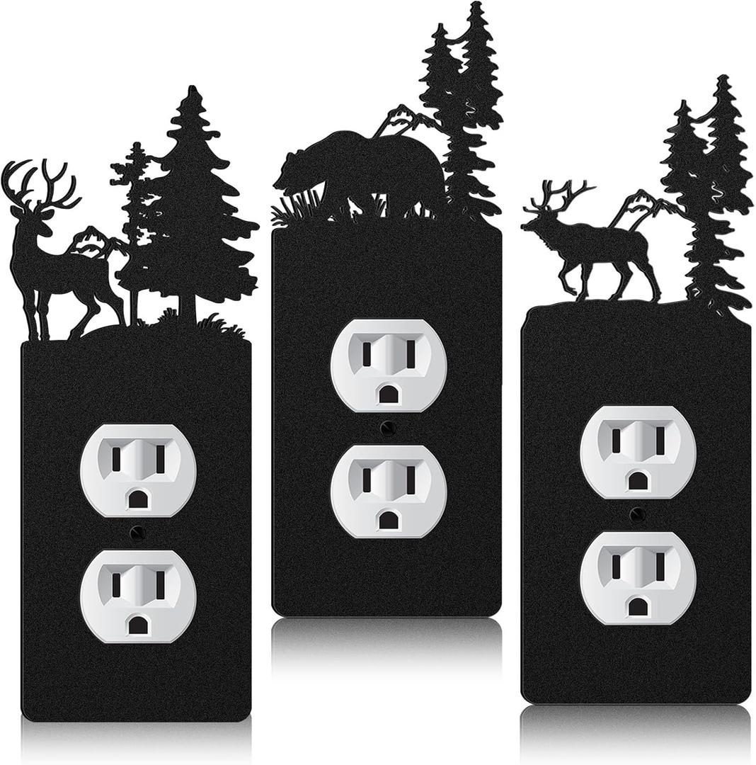 Lothee 3 Pcs Bear Light Switch Cover Plate Black Outlet Plate Cover Bear Elk Forest Mountain House Wall Light Outlet Decorative for Office Bedroom Home, Duplex Toggle(Exquisite)