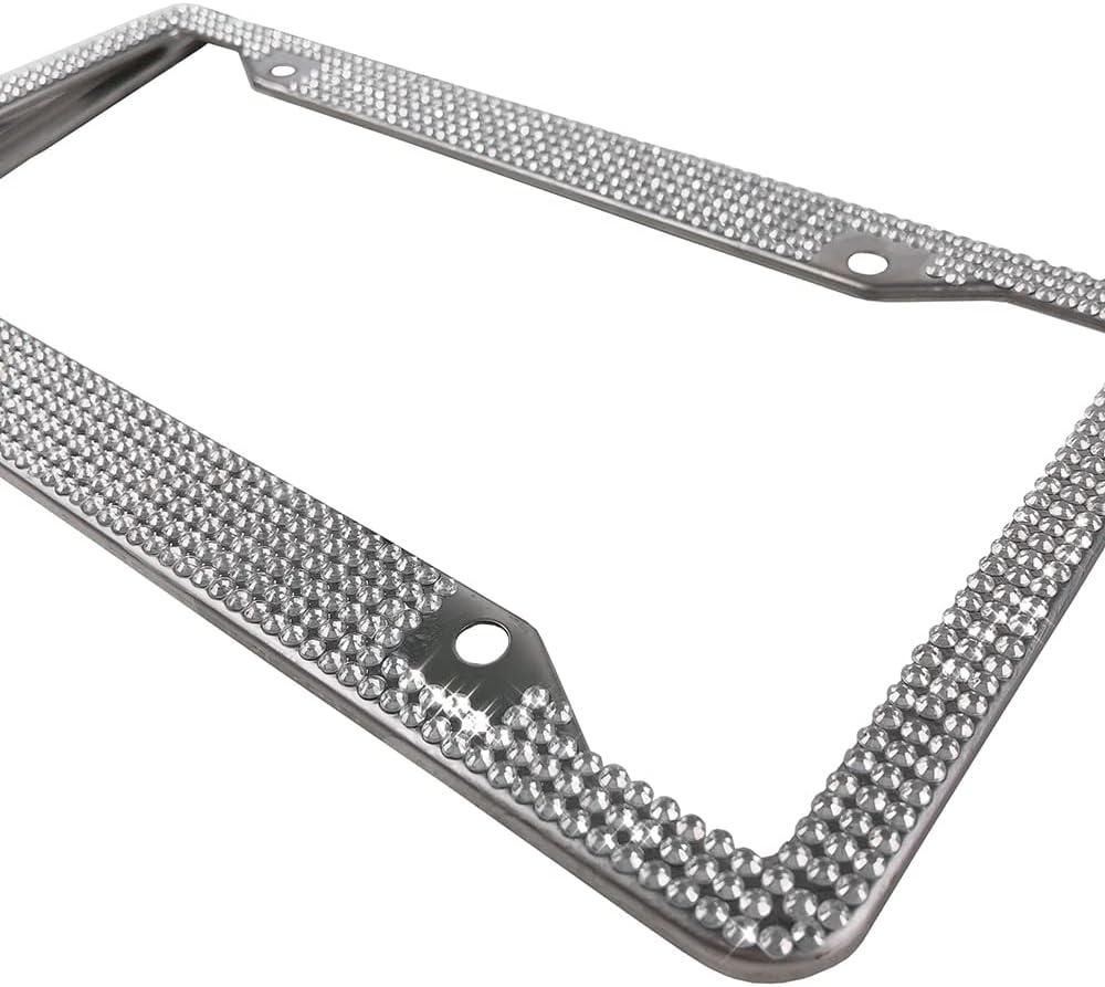 Bling License Plate Frame, Shiny Rhinestones Stainless Steel 4 Holes License Plate Frame, White