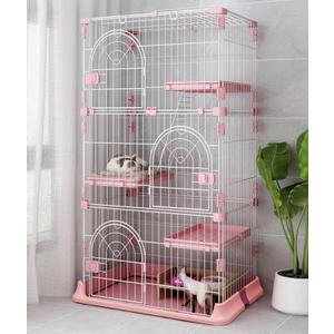 Hamiledyi Indoor Cat Cage 52 Inches Cat Villa Large Pet Crate with 3 Platforms and 1 Ramp Ladders Metal Cat Playpen with 3 Doors Outdoor Cat Enclosures Kitten Cage for Small and Medium Pets (Pink)