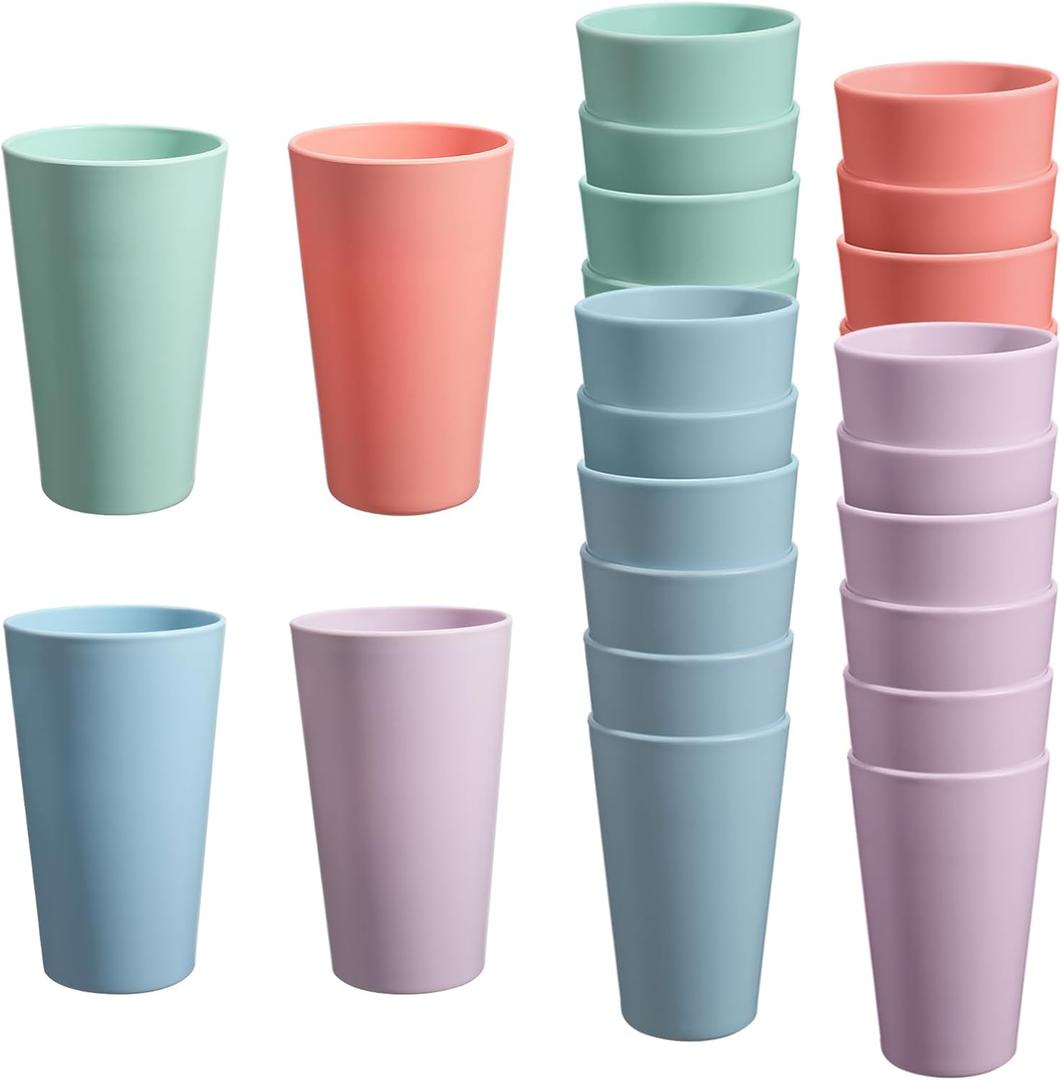 24 Pcs Unbreakable Plastic Cups Set, 20 oz Reusable Plastic Cups, Stackable Water Tumblers, Drinking Cup for Kitchen, Outdoor, BPA-free, Dishwasher Refrigerator and Microwave Safe (20 oz, 4 Colors) (4-Light Multicolor)