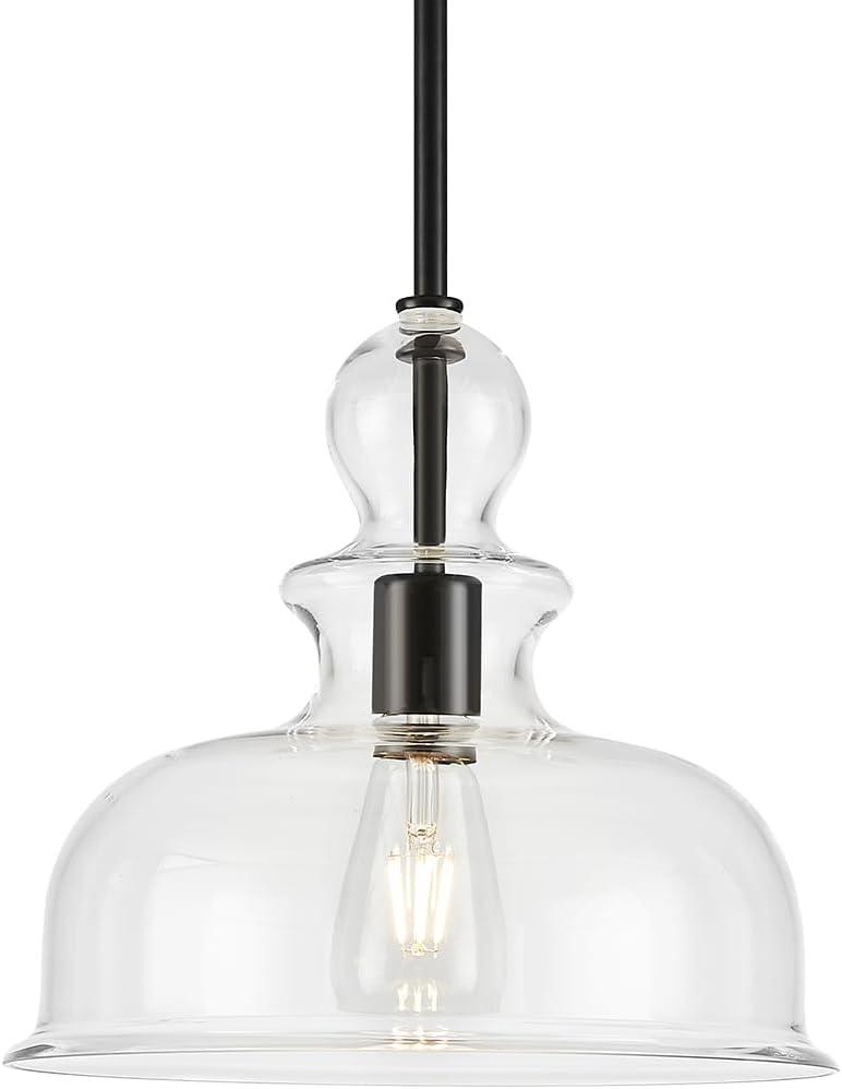 Large Glass Pendant Light Dome Hanging Light Handblown Clear Hammered Glass Shade Modern Ceiling Pendant Lighting Fixtures for Kitchen Island Over Sink,Black,10.8inch, 10.96" x 10.23"