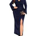 ZOMVA Plus Size Maxi Sparkly Dress High Slit Formal Evening Gown Cocktail Prom Glitter V-Neck Wrap Bell Sleeves, Navy Blue, 2XL