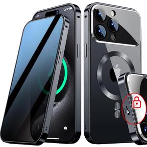 [Full Camera Protection& Mechanical Lock]Magnetic Privacy Case for iPhone 15 Pro Max[Compatible with MagSafe][CD Metal Ring] Full Body Shockproof Metal Bumper, 9H Anti Peeping Glass Cover-Black