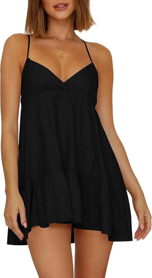 Womens V Neck Crisscross Backless Dresses Tie Back Sleeveless Ruffle Hem Flowy Swing A-Line Vintage Summer Mini Dress S