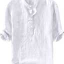 Ryannology Mens Linen Shirts Casual Cotton 3/4 Sleeve Regular-Fit Henley T-Shirt Summer Lightweight Beach Yoga Tops (X-Large)