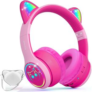 IFECCO Kids Bluetooth Headphones with Case,Cute Light Up Cat Ear Children Girls Wireless Headphones Volume-limiting for School Travel Gifts (rose-pink)