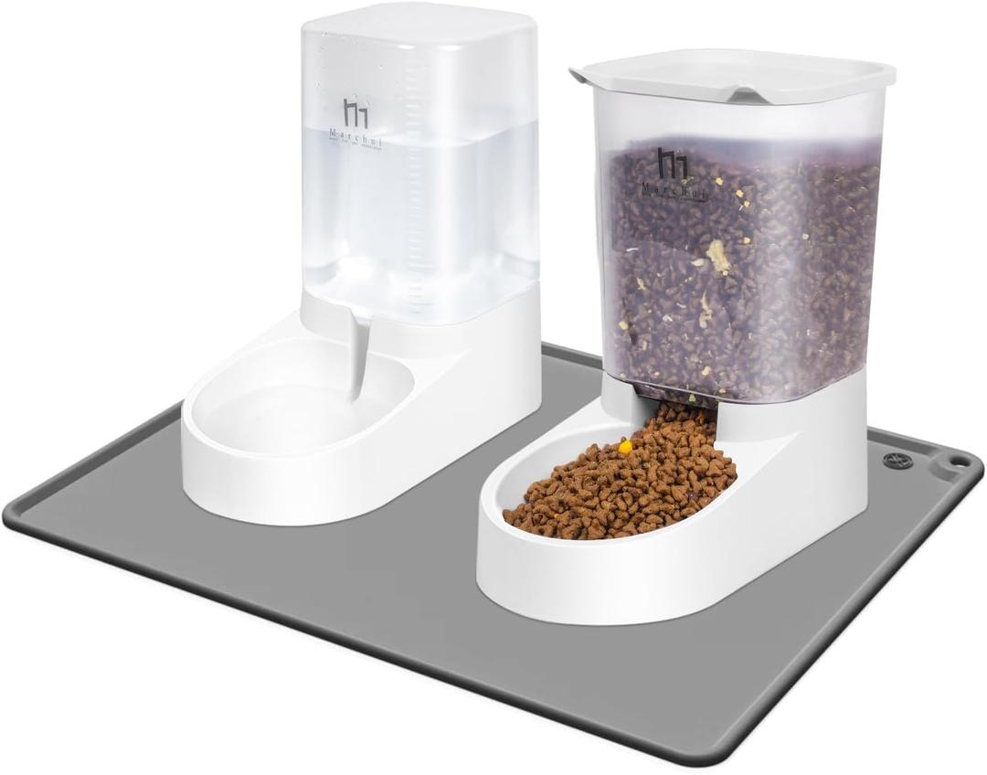 Marchul Dog Feeder and Water Dispenser, Automatic Gravity Dog Food Dispenser with Silicone Mat, Pet Food Dispenser Set for Small Medium Dogs Puppy Kitten