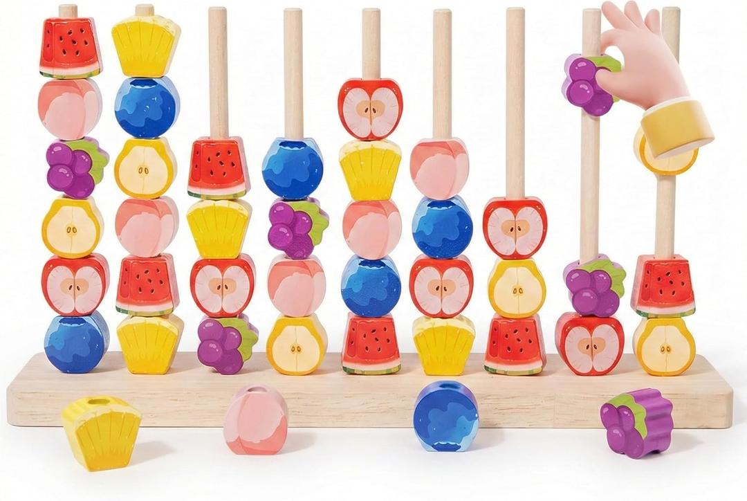Wooden Fruit Sorting Stacking Toys for Toddlers - Montessori Logic Puzzle Game, Color Matching & Fine Motor Skills Educational Learning Gift for 3 4 5 Year Old Kids, Brain Teaser with Fruit Blocks