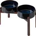 Ceramic 8.2inch Raised Double Dog Bowls Set with Acacia Wood Stand, Food & Water Bowls for Large Breed Dogs, Weighted Pet Dishes(60oz, Starry Sky) (7.6CUPS)