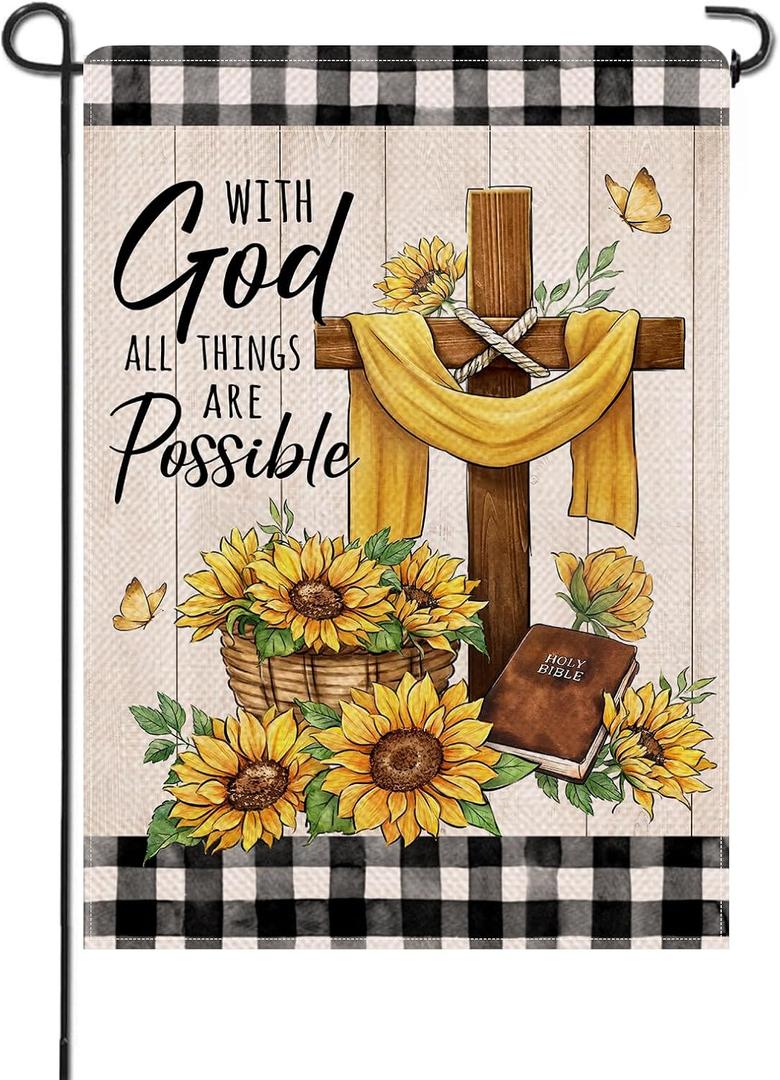 Artofy With God All Things Are Possible Small Decorative Garden Flag, Religious Christian Cross Sunflower Spring Summer Yard Lawn Outside Decor, Farmhouse Fall Plaid Outdoor Home Decoration 12 x 18