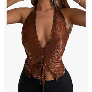 WDIRARA Women's Floral Print Tie Front Sleeveless Cut Out Backless Asymmetrical Hem Crop Halter Top Size L