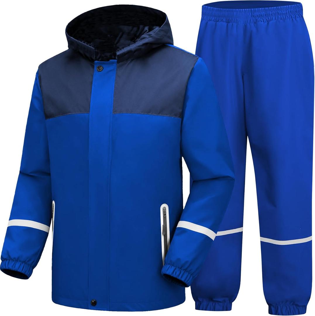 Kids Rain Suit Boys Girls Waterproof Lightweight Raincoat and Pant Rain Gear for Camping Hiking (XXL, Blue/Black)