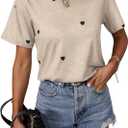 SOLY HUX Women's Heart Graphic Tees Cute Short Sleeve Shirts Crewneck Casual Summer Pullover Tops, Beige Heart, Small